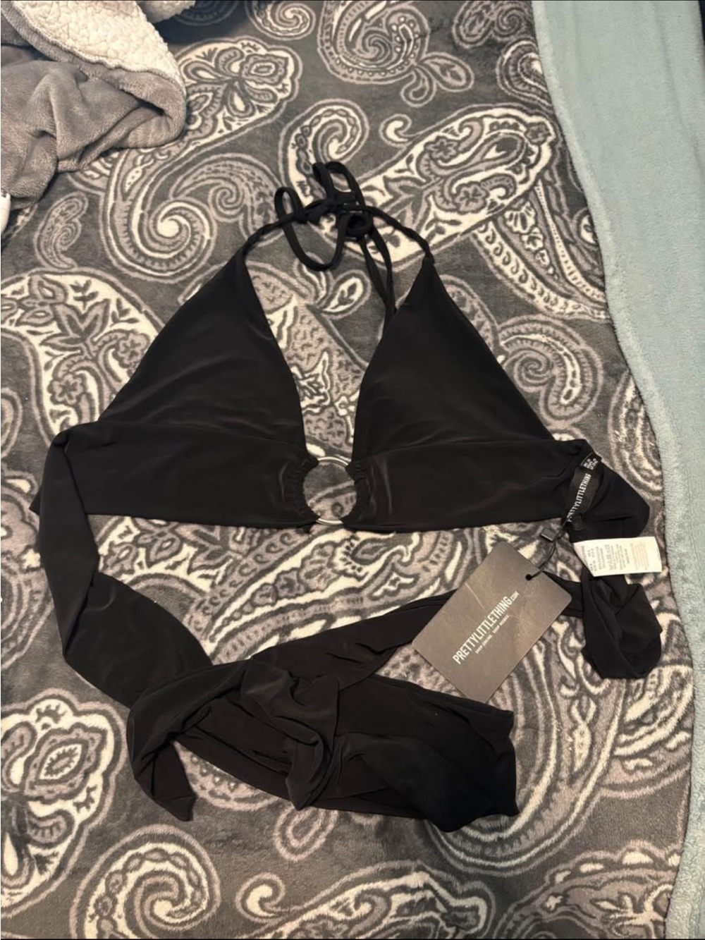 PrettyLittleThing Black Halter Triangle Bikini Top with Ring Detail
